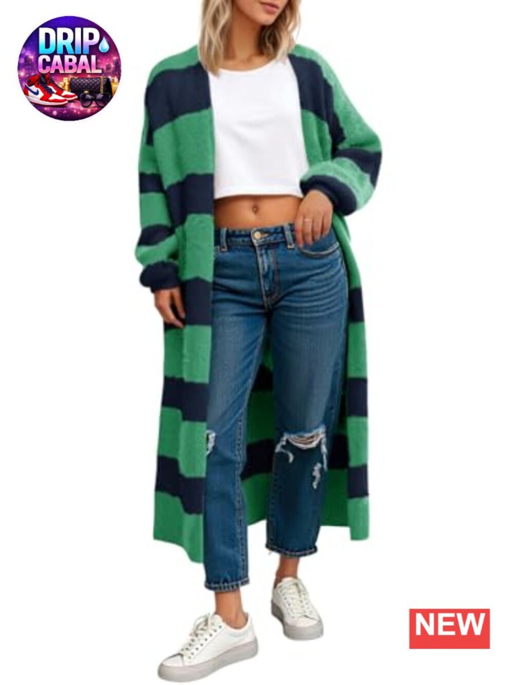 Womens Oversized Chunky Knit Long Cardigan Open Front Fuzzy Striped Coat